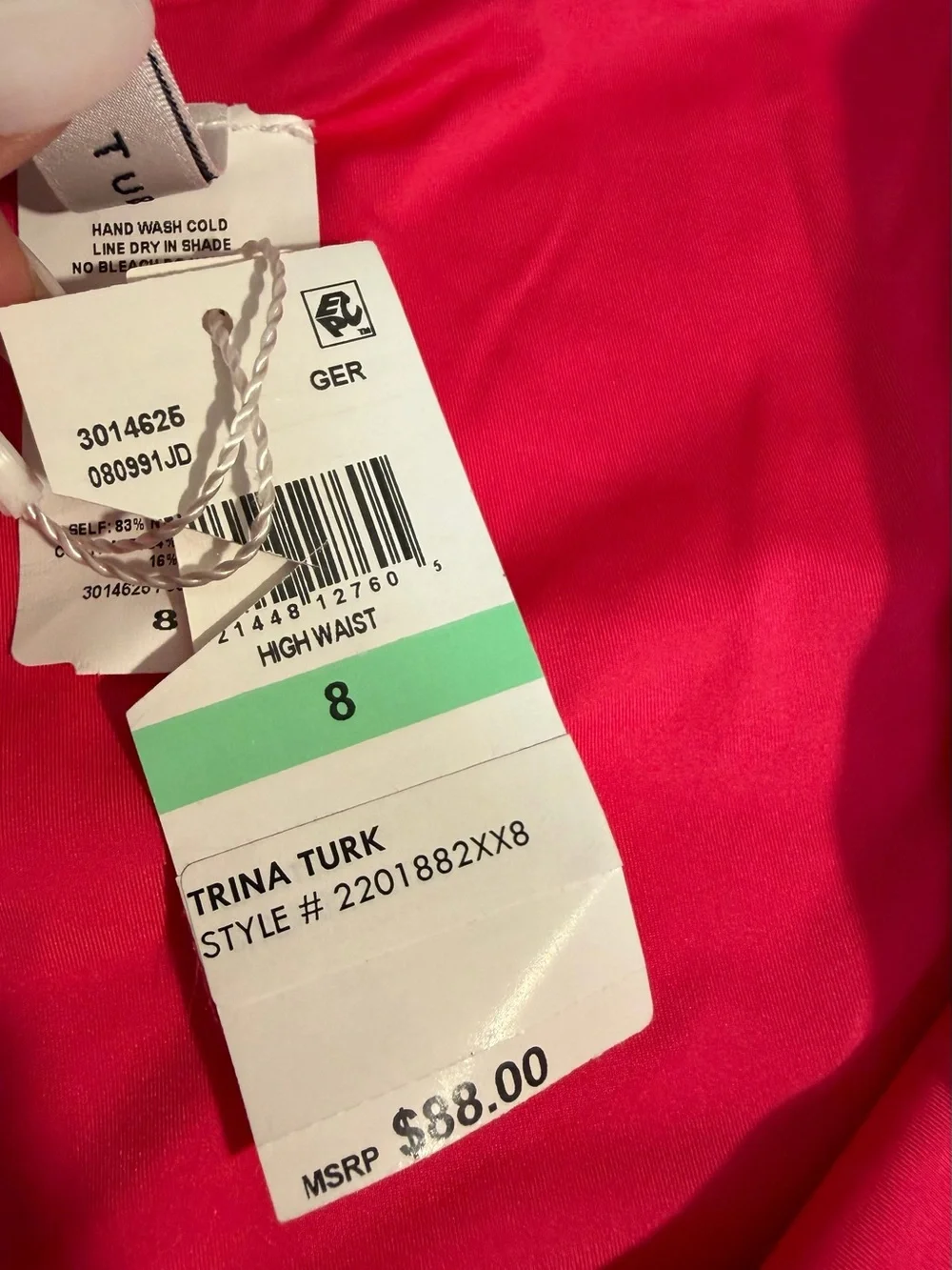 Trina Turk Monaco Solids High Waist Bikini Bottom Geranium Pink Size 8 NWT